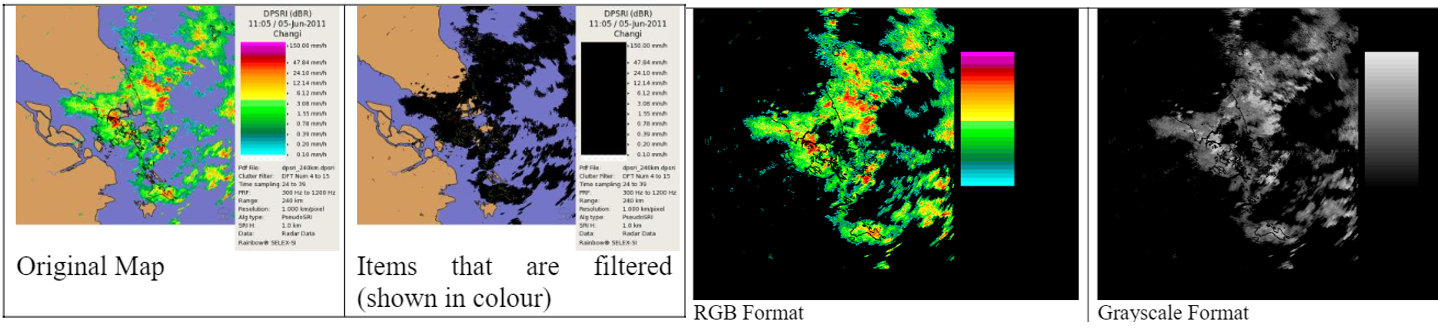 圖 7、雷達回波圖(由左至右)：原圖、擷取降雨強度圖、RGB格式圖、灰階圖(Teo, K.W, 2020)